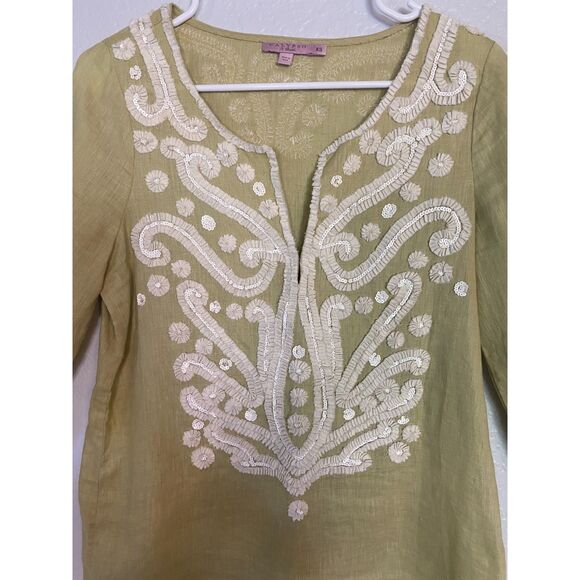 Calypso St. Barth | Chartreuse Linen Tunic Embroidered Sequin Boho - Picture 2 of 9